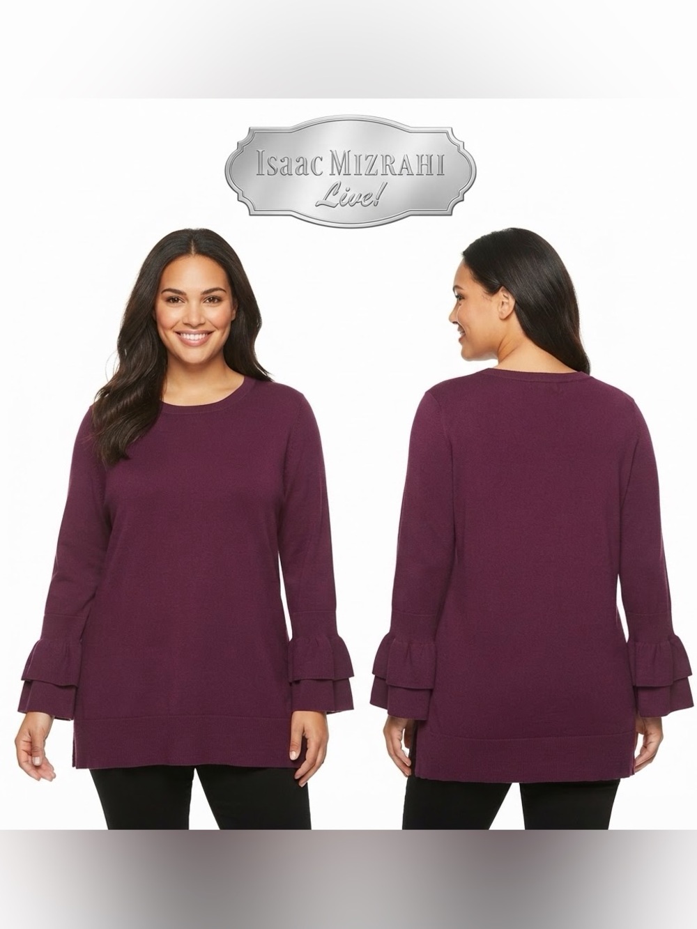 Isaac MIZRAHI Live! Crew Neck Ruffle Bell Sleeve Tunic Plum Color Sweater Medium